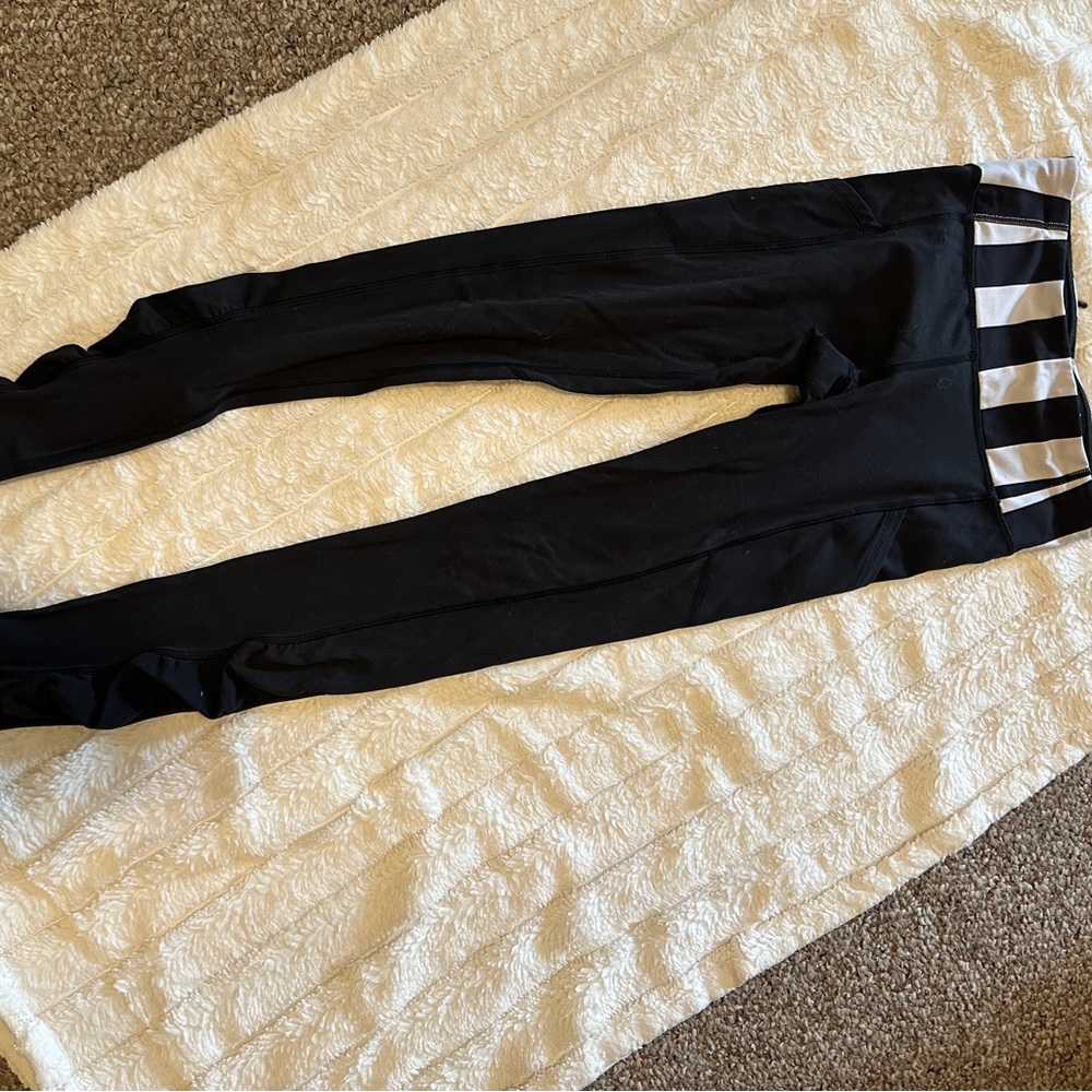 Black and White Striped Waist Black Leggings